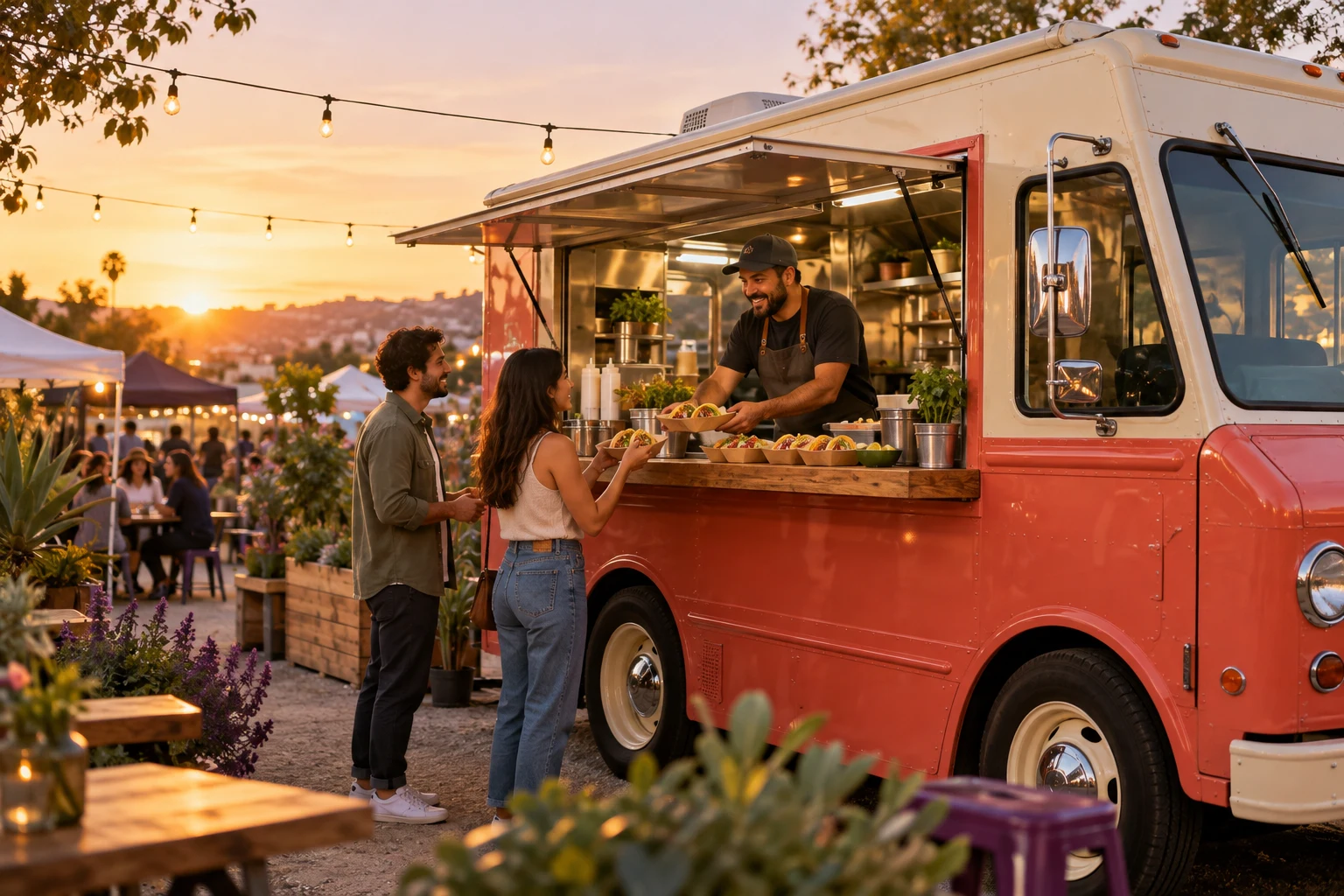 A food truck owner serving customers at an outdoor market