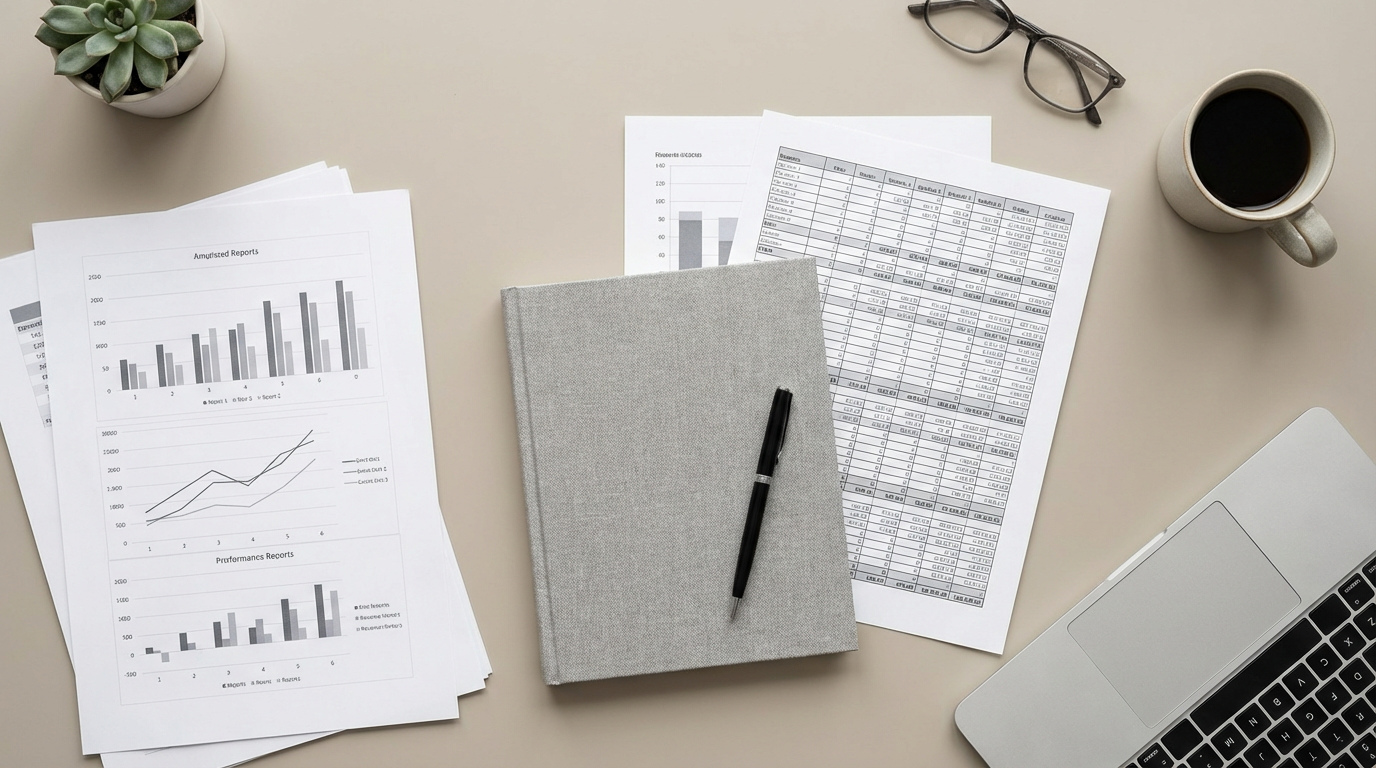 Professional workspace with documents, charts, and data analysis materials