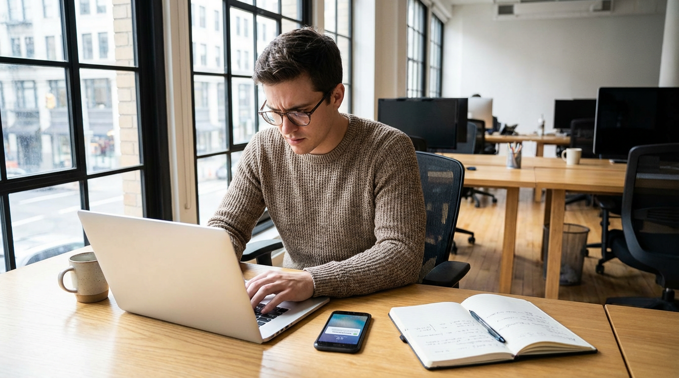 Professional workplace scene showing person writing business communication
