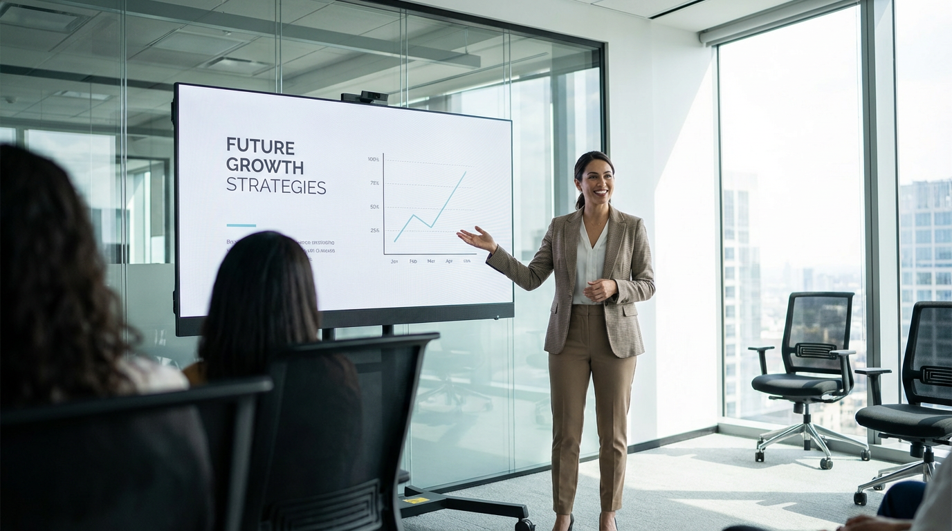 Professional giving presentation in modern conference room