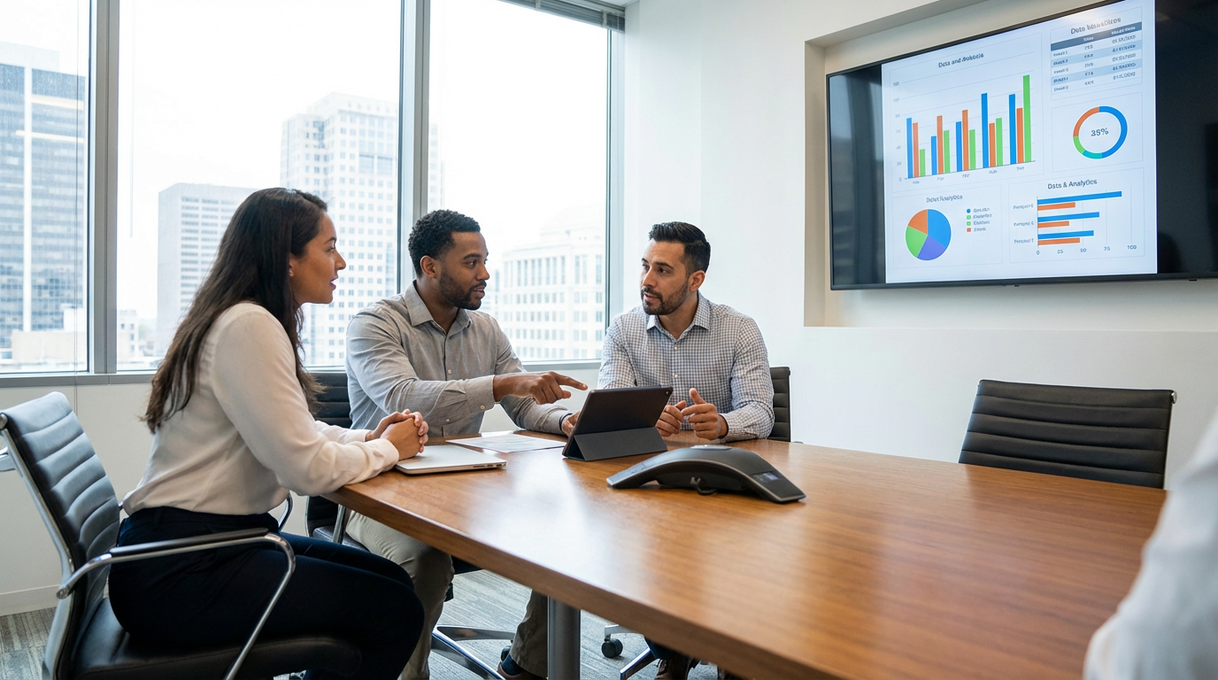 Professional team reviewing charts and data visualizations in modern conference room