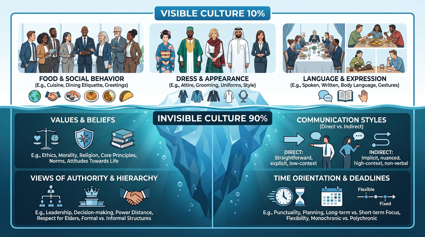 The Culture Iceberg infographic showing visible culture (10%) above water including food, dress, and greetings, and invisible culture (90%) below water including values, communication styles, authority views, and time orientation