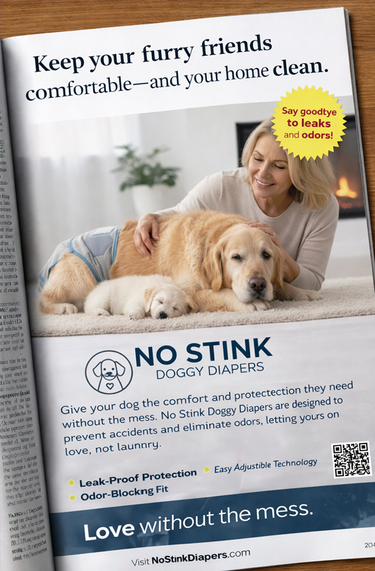 No Stink Doggy Diapers print ad